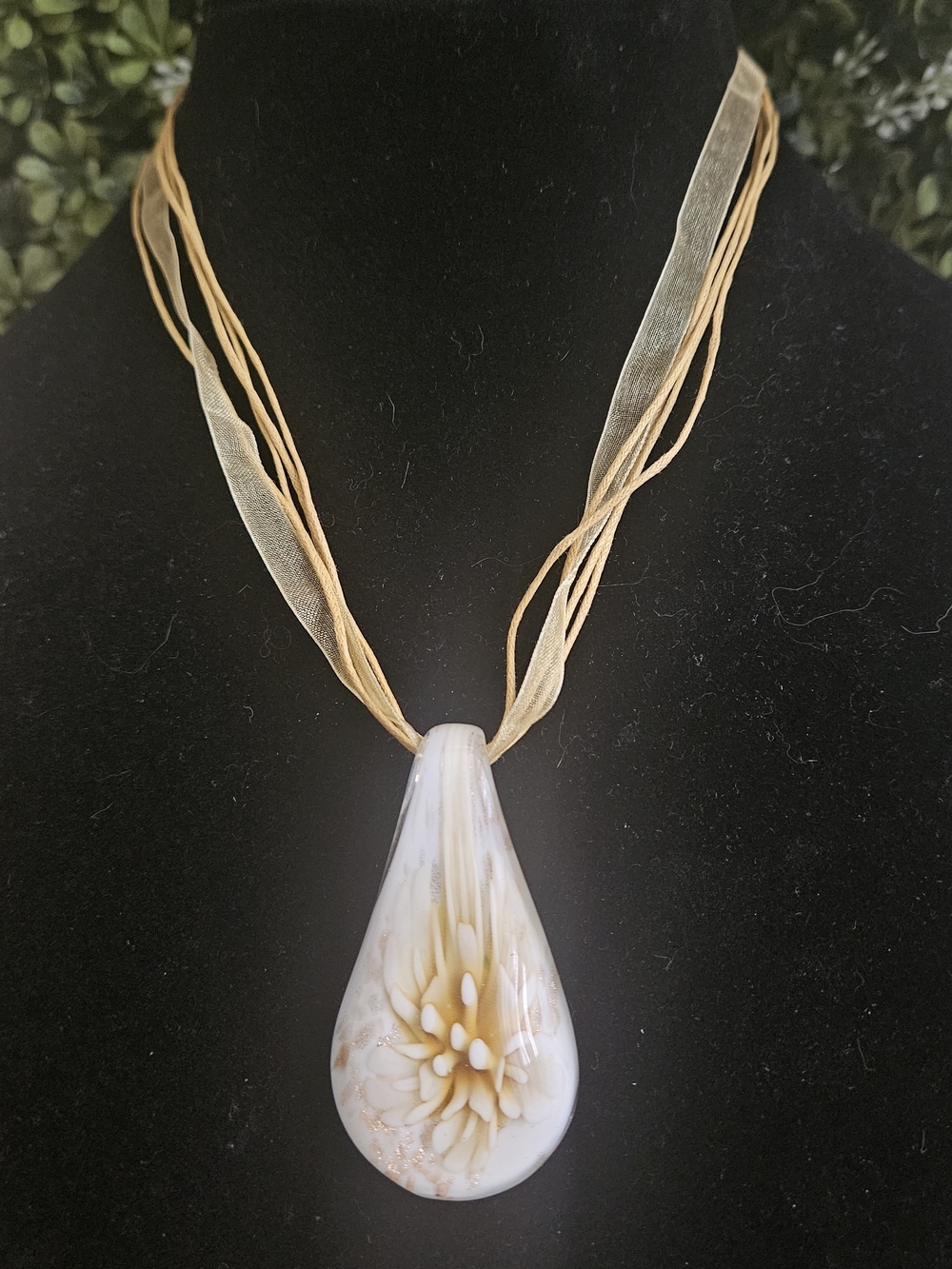 Hand Crafted Blown Glass Pendant Necklace, Yellow And White
